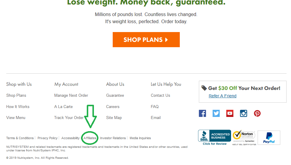 Footer of Nutrisystem website showing link to affiliates page