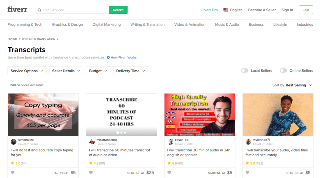Screenshot of the transcriptionist page on Fiverr
