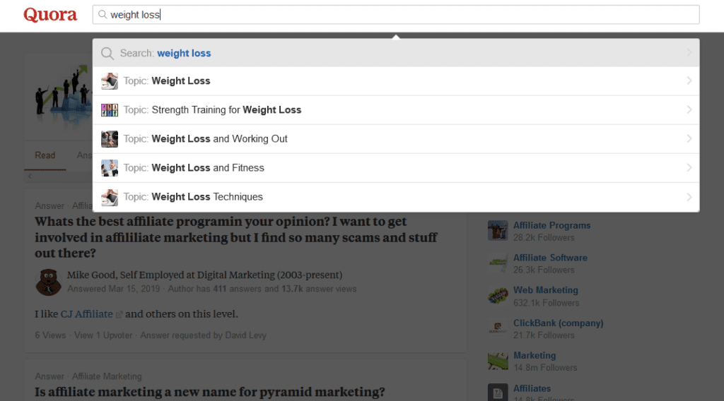 Quora search with "weight loss" keyword