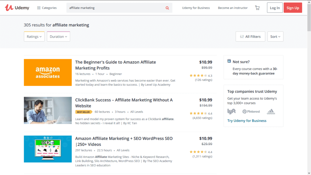 Screenshot of Udemy website showing three courses