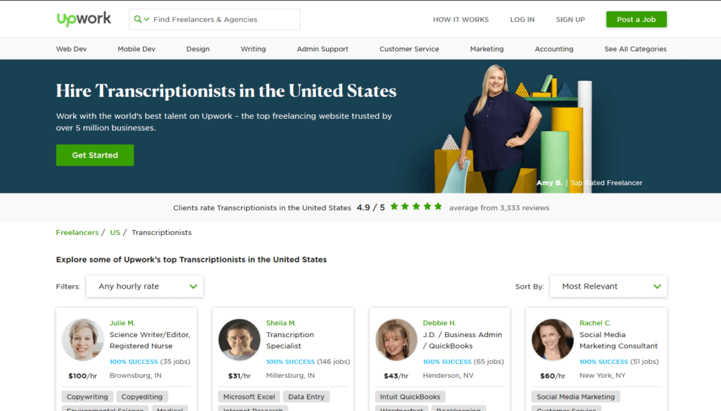 Screenshot of the transcriptionist page on Upwork