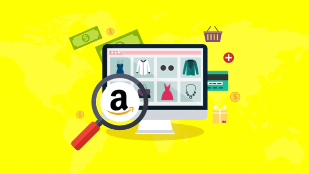 Clip art of the process of selling Amazon items on a computer