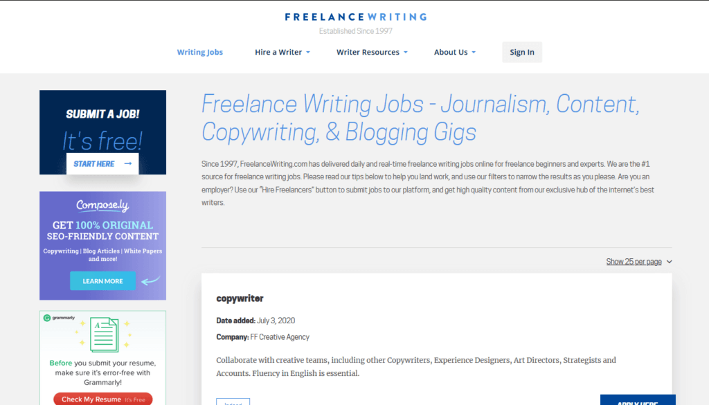 Screenshot of Freelance Writing jobs page