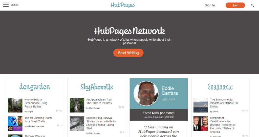 Screenshot of Hubpages website