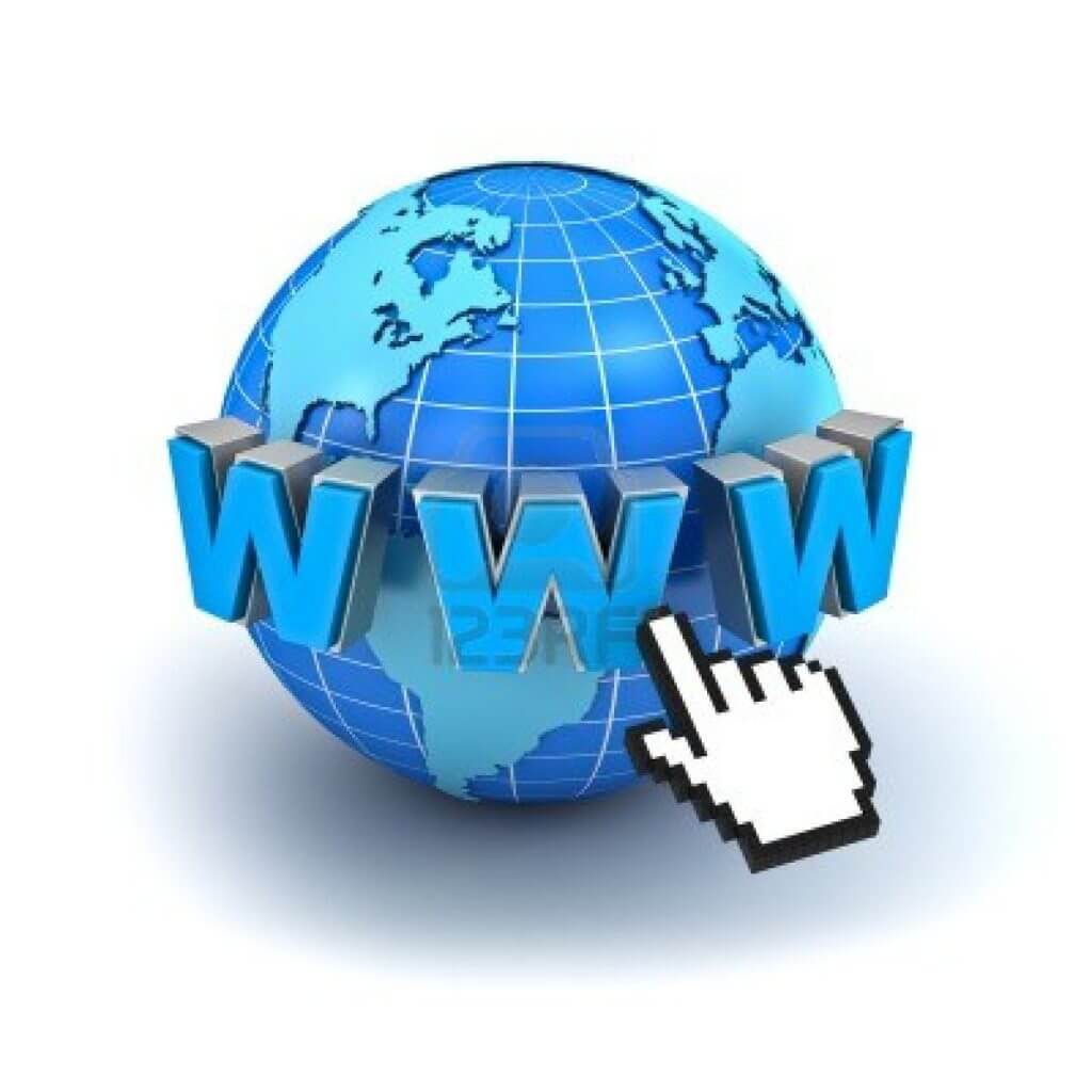 Clip art of a cursor clicking on "www" over a globe
