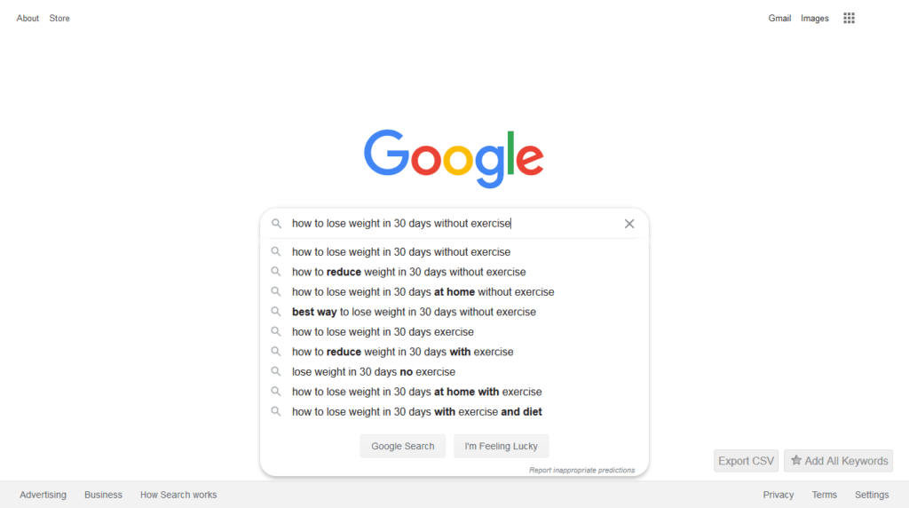 Screenshot of Google Instant Search for "how to lose weight in 30 days without exercise"