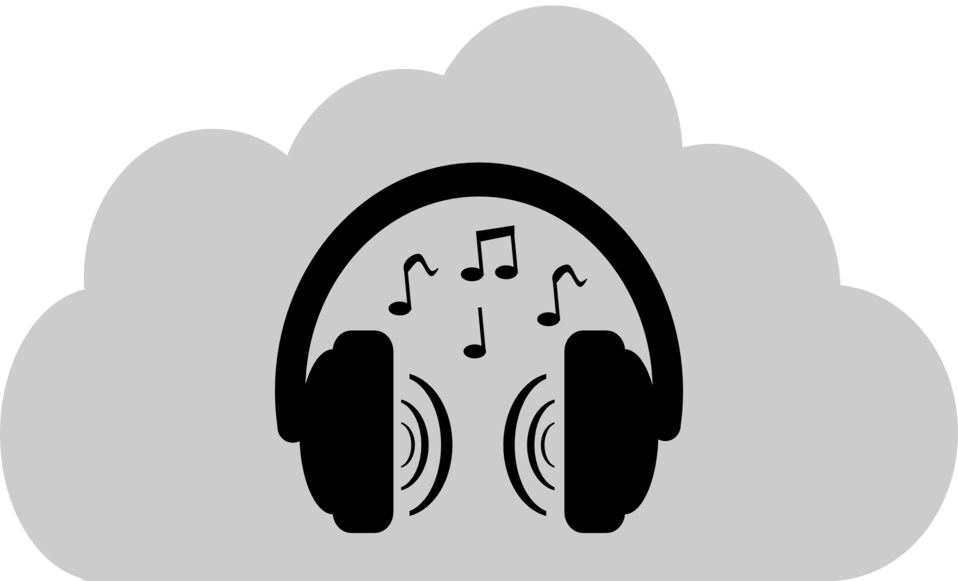 Clip art of headphones playing music on a cloud