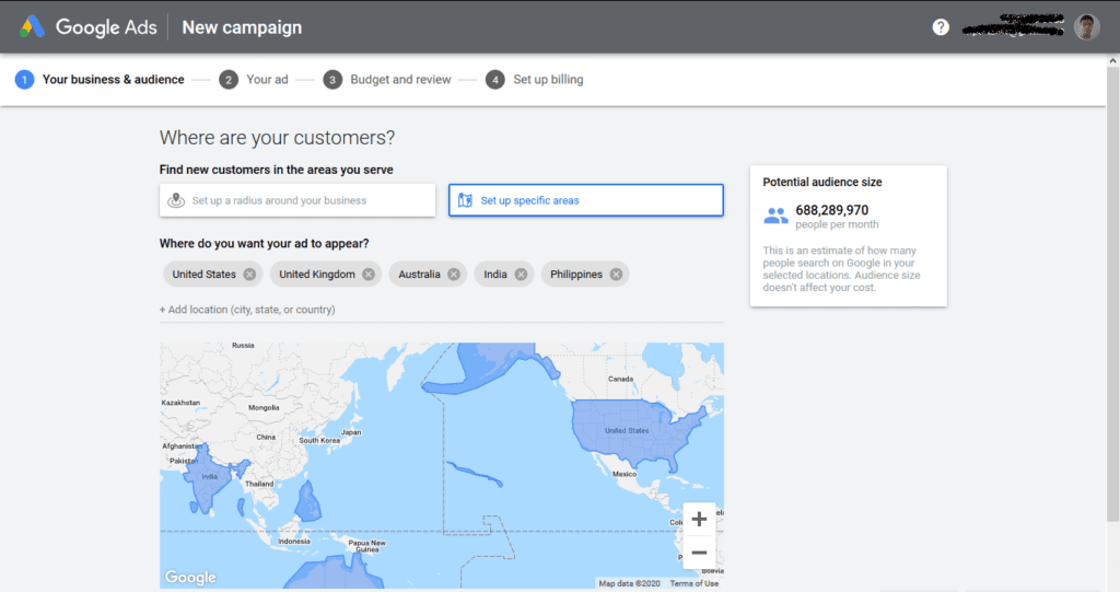 Screenshot of Google Ads showing countries to target