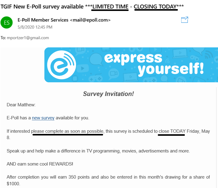 Screenshot of E-Poll email showing survey for a limited time only