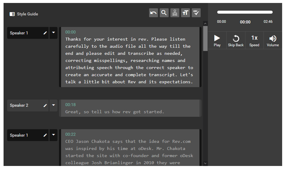 Dashboard of the Rev transcription test