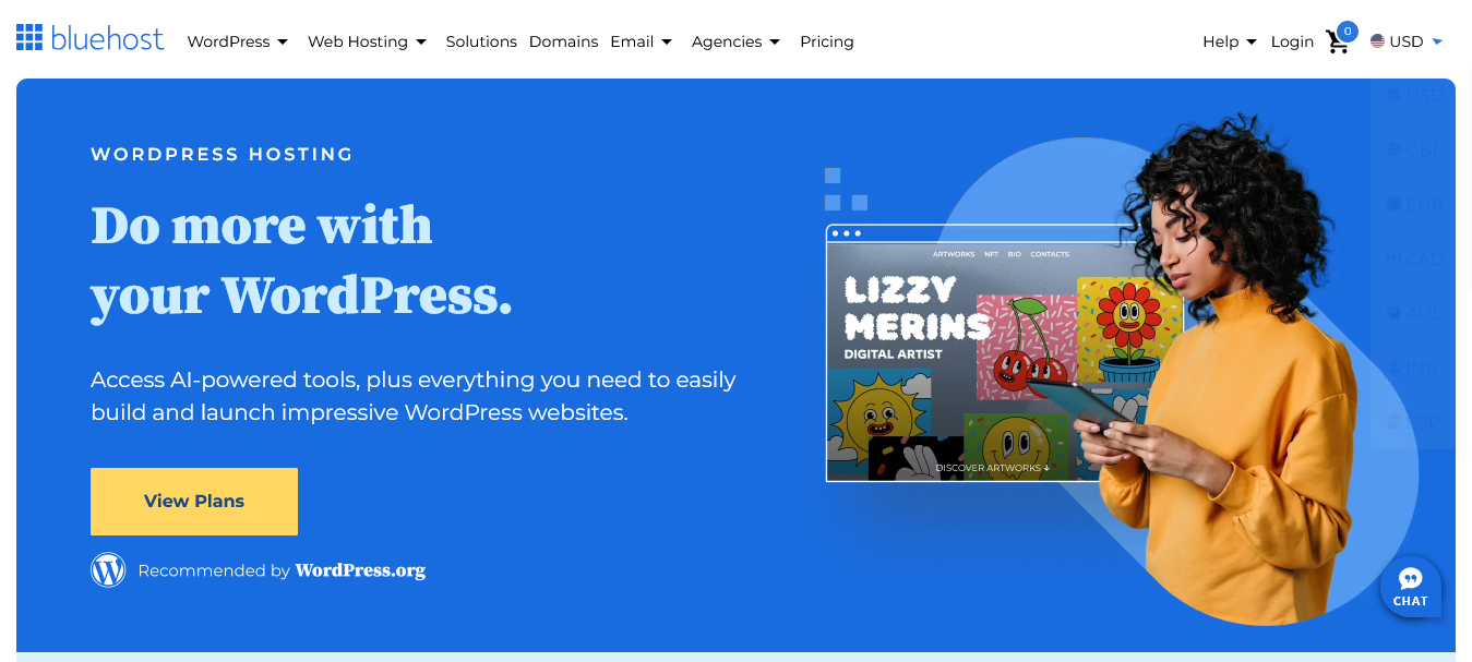 Screenshot of Bluehost website