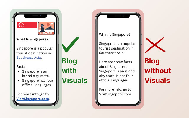 Two smartphones comparing a blog with and without visuals