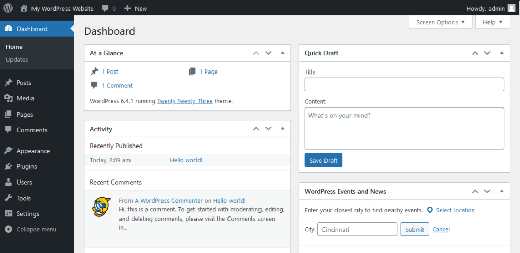 WordPress dashboard