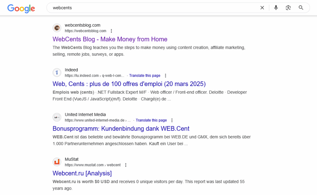Google search page showing WebCents Blog