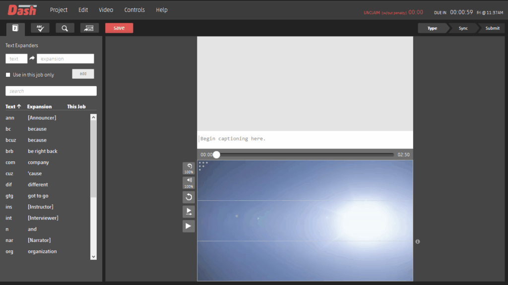Screenshot of Rev captioning tool dashboard