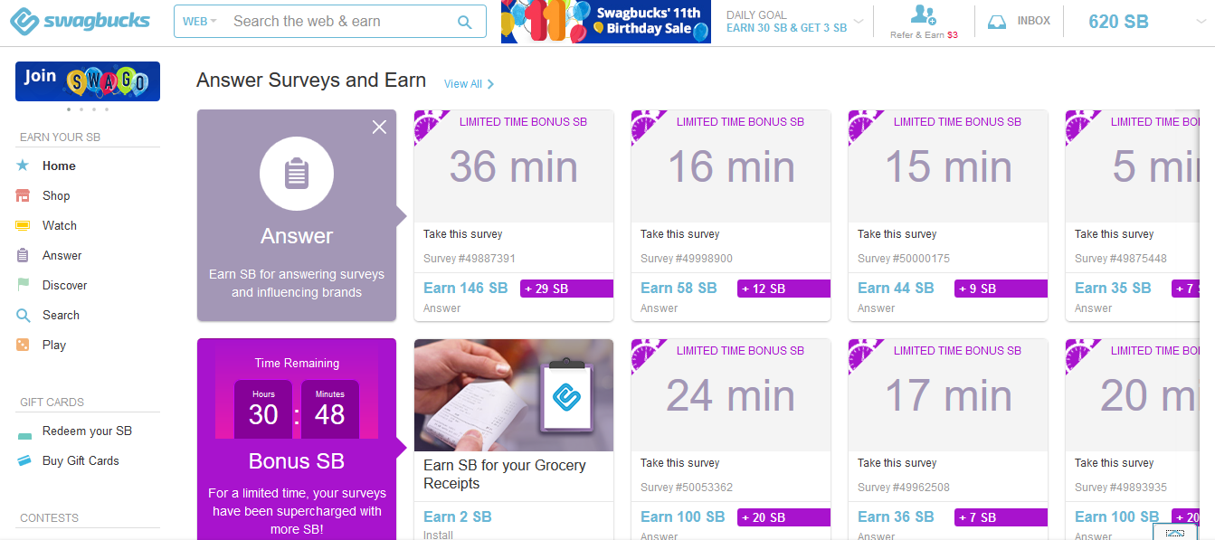 Swagbucks site showing survey and task opportunities