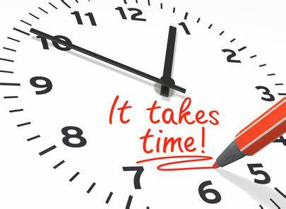 Clip art of a clock with the message "It takes time"