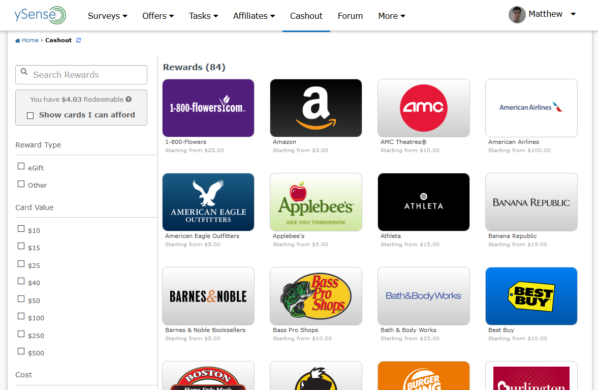 ySense Cashout page