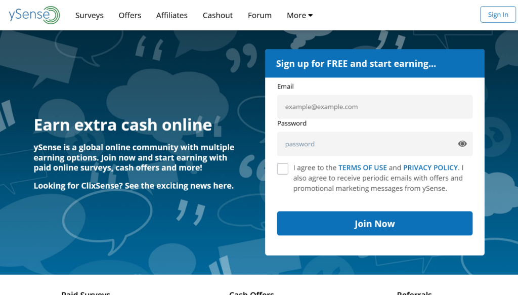 Screenshot of ysense.com homepage