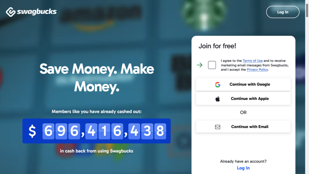 Screenshot of swagbucks.com homepage