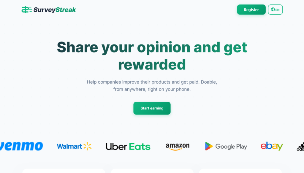 Screenshot of surveystreak.com homepage