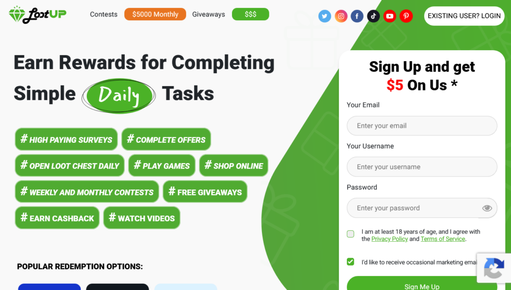 Screenshot of lootup.me homepage