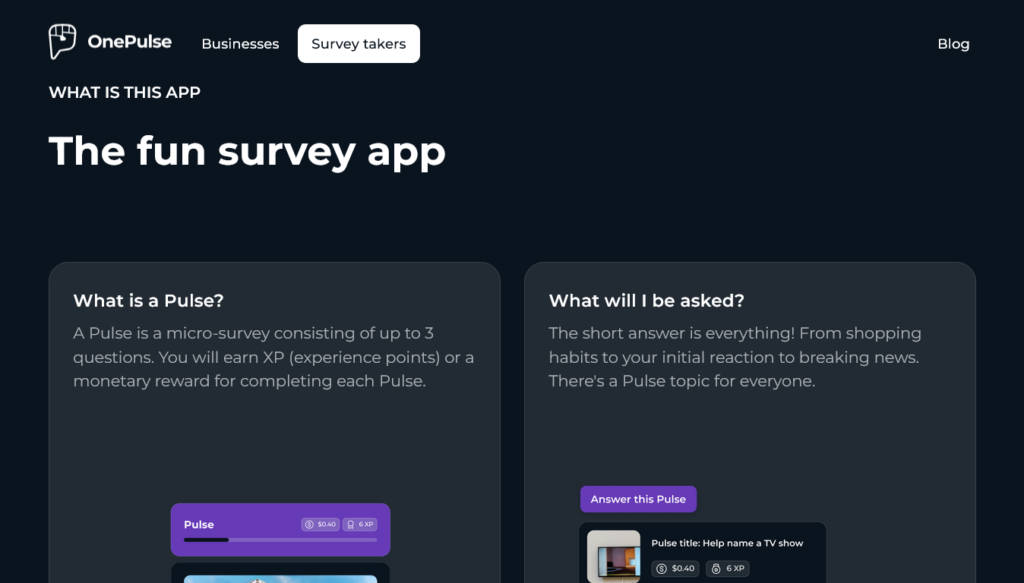 Screenshot of onepulse.com Survey Takers page