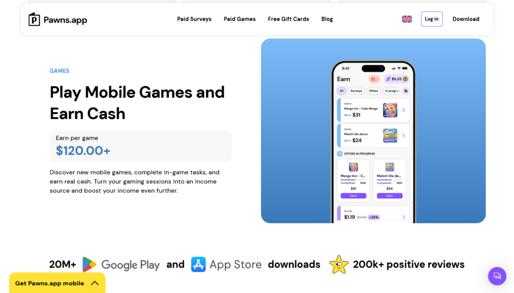 Screenshot of pawns.app homepage with the text "Play Mobile Games and Earn Cash"