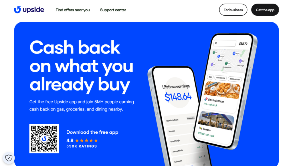 Screenshot of upside.com homepage