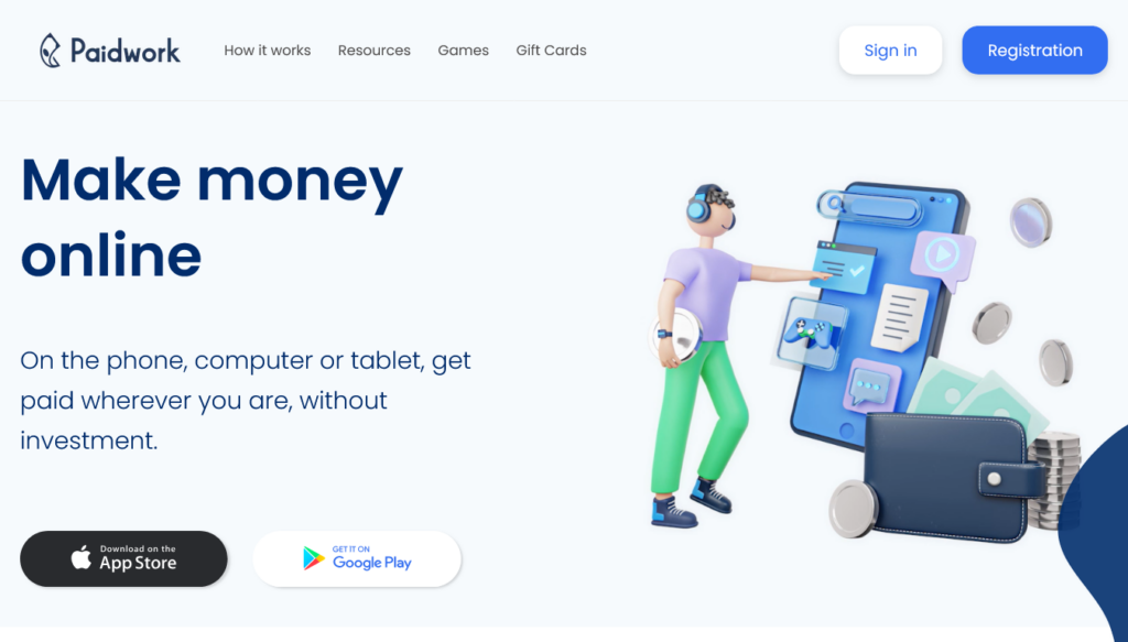 Screenshot of paidwork.com homepage