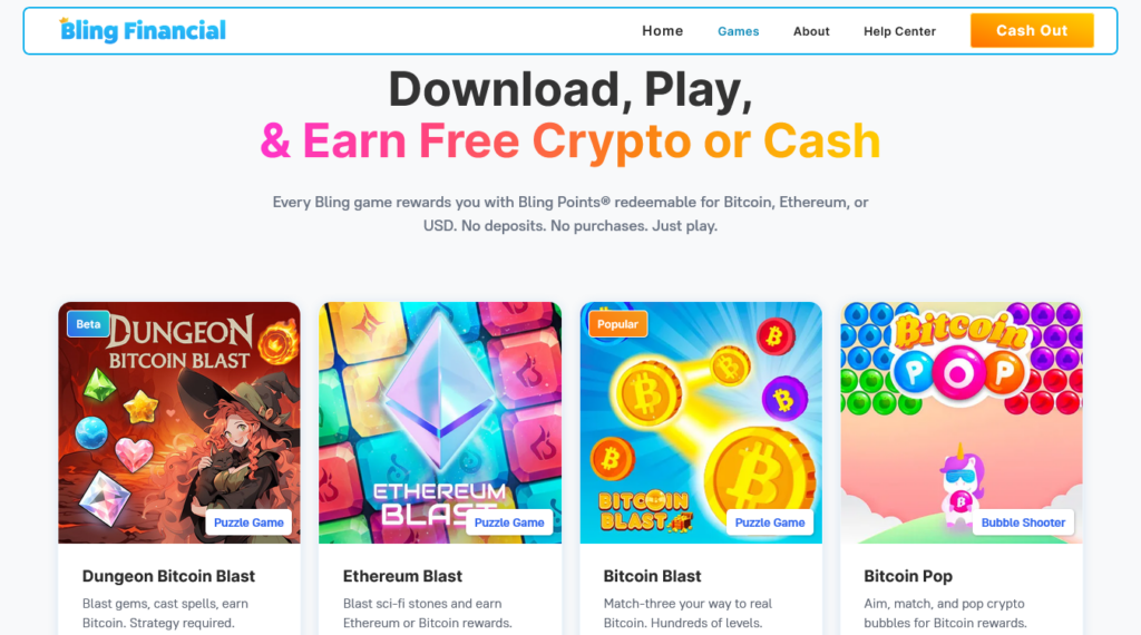 Screenshot of blingfi.com Games page