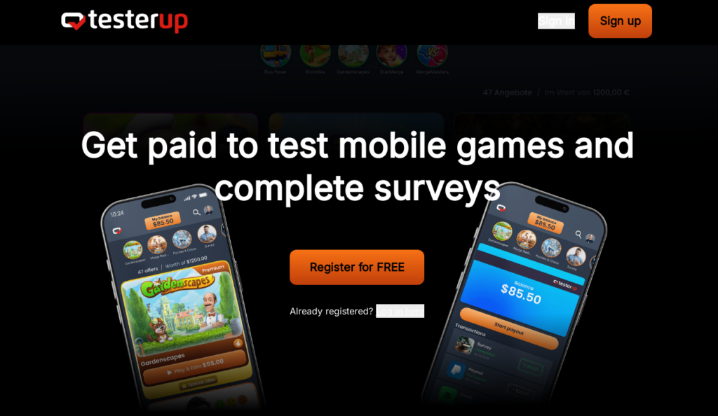 Screenshot of testerup.com homepage
