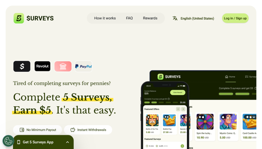 Screenshot of fivesurveys.com homepage
