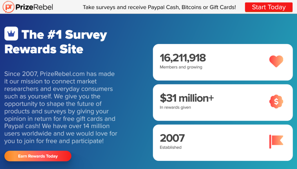 Screenshot of prizerebel.com homepage