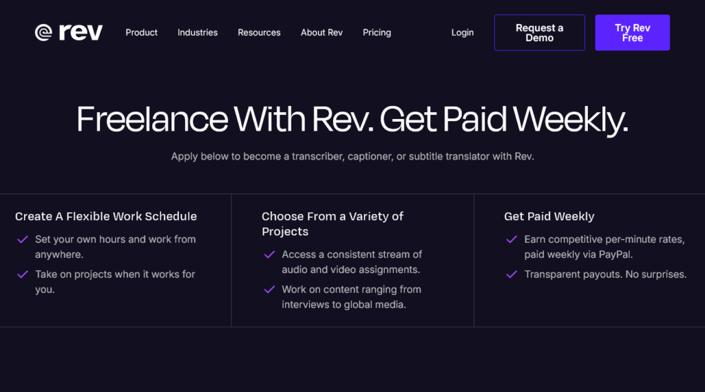 Screenshot of rev.com Freelancers page