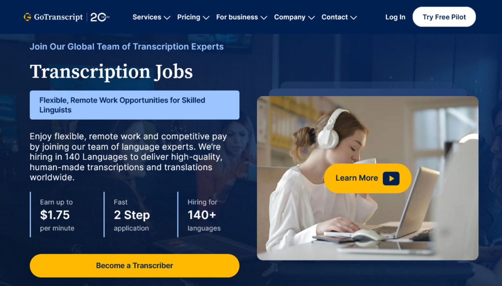 Screenshot of gotranscript.com Transcription Jobs page