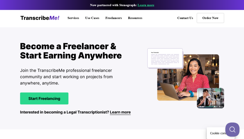 Screenshot of transcribeme.com Freelancers page