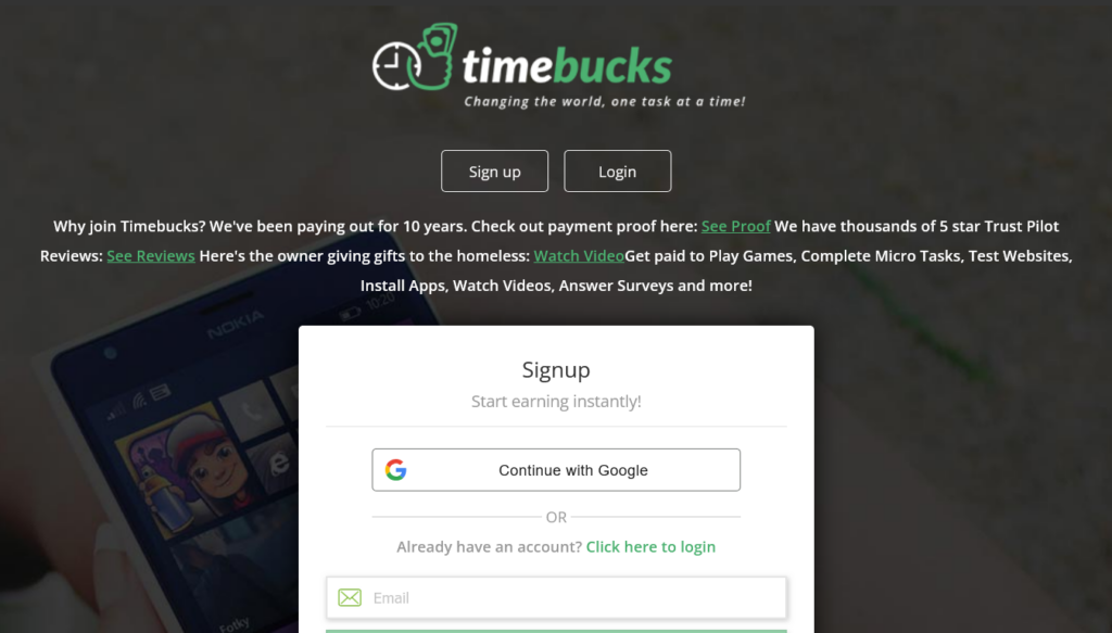 Screenshot of timebucks.com homepage