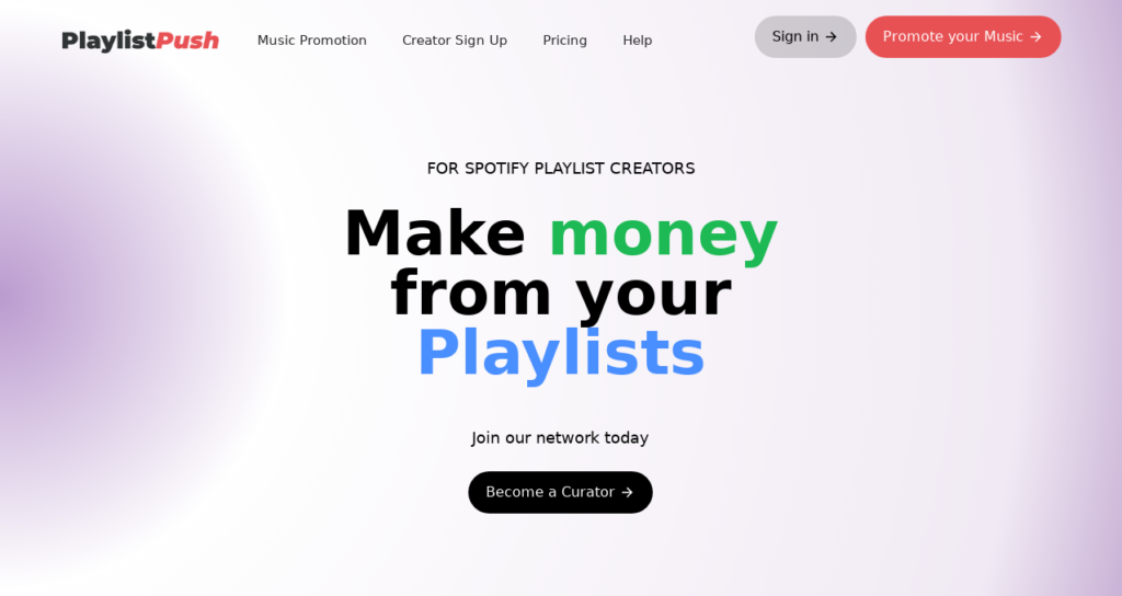 Screenshot of playlistpush.com Creator page