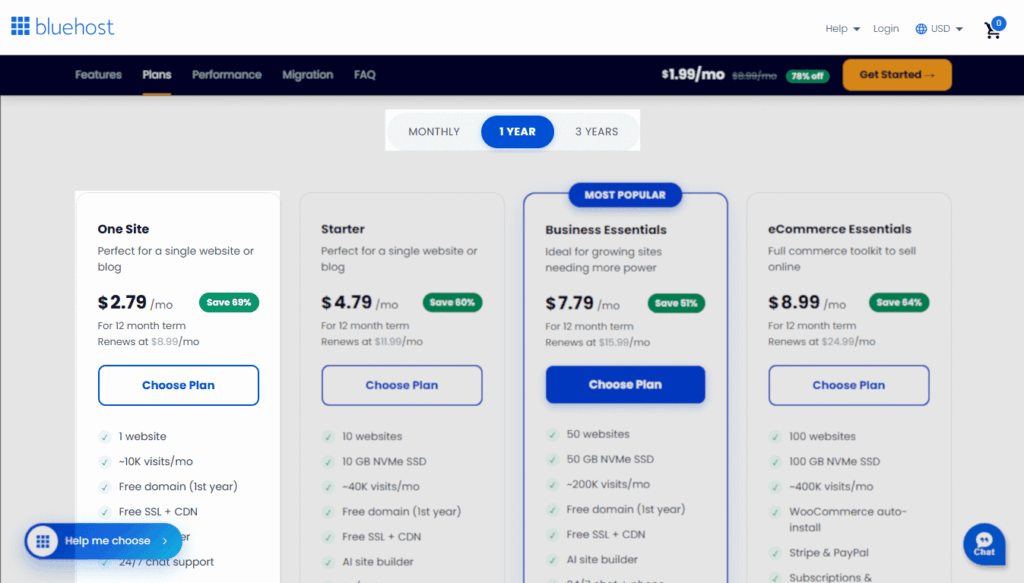 Screenshot of Bluehost web hosting landing page showing "1 Year" selected and the $2.79 offer