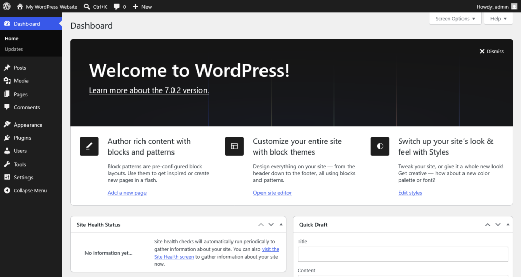 Screenshot of WordPress dashboard