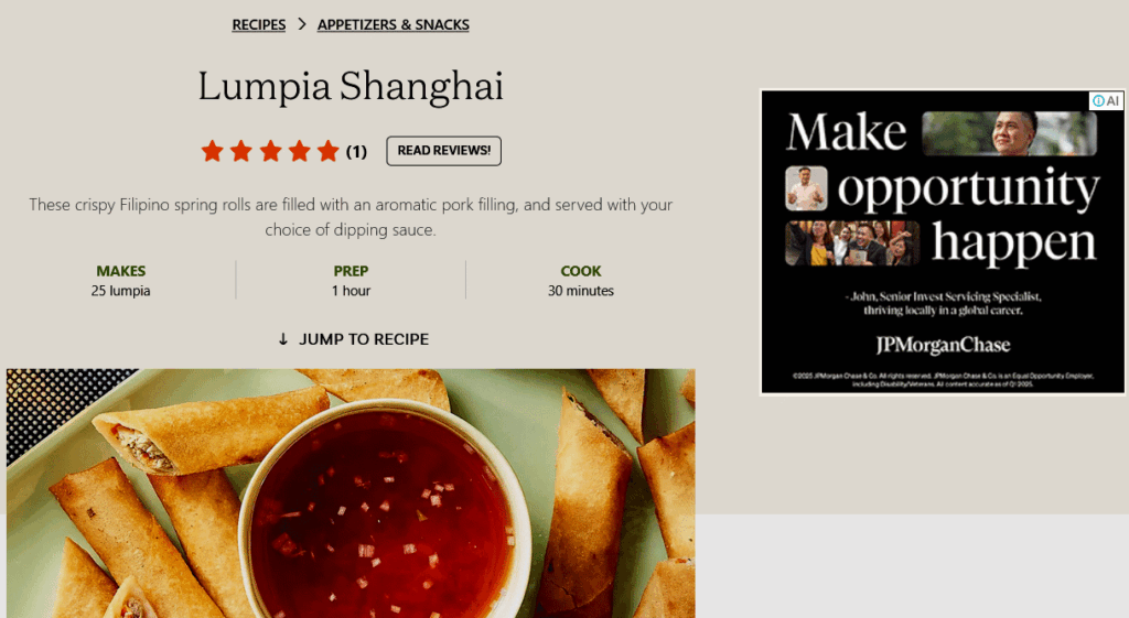 Screenshot of a recipe blog with an ad showing next to it