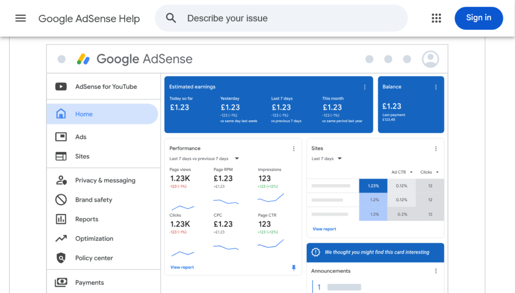 Screenshot of AdSense help page showing the AdSense dashboard