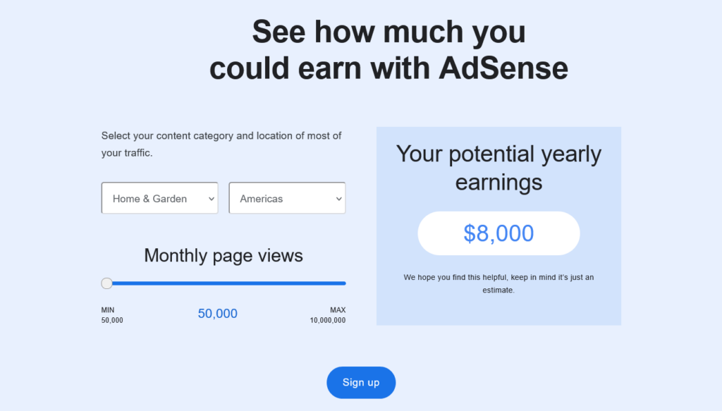 Screenshot of Google AdSense homepage showing estimated earnings calculator