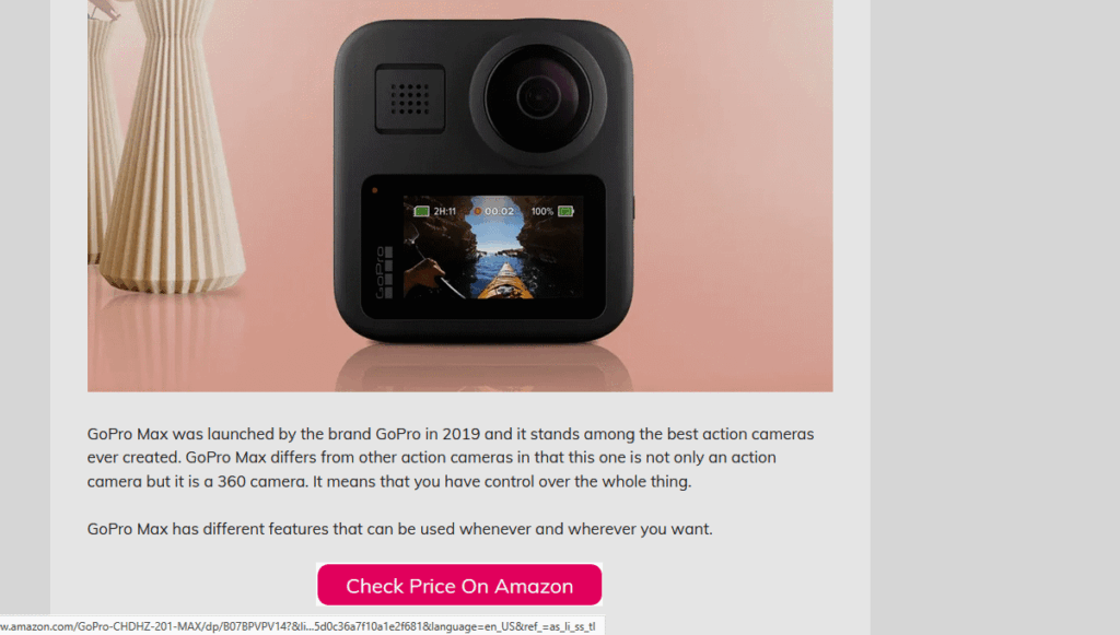 Screenshot of a camera blog, showing their Amazon affiliate link