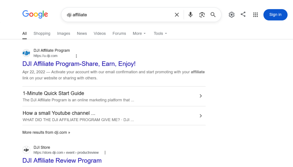 Screenshot of a Google results page showing a link to the DJI affiliate program
