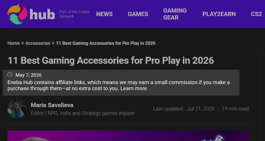 Screenshot of a gaming blog showing an affiliate disclosure at the top