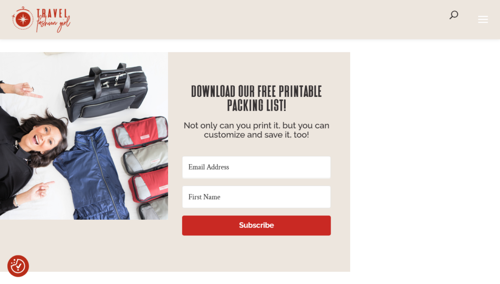 Screenshot of a travel blog showing an opt-in form advertising a free printable as a lead magnet