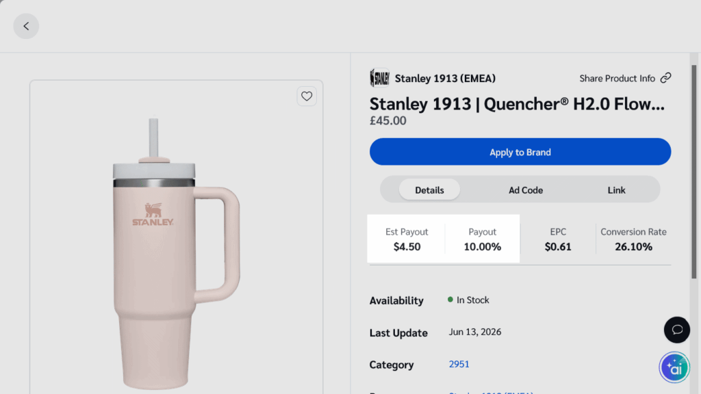 Screenshot of a Stanley tumbler product on an affiliate dashboard showing payout info