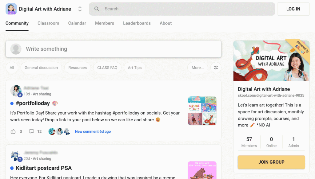 Screenshot of skool.com showing a paid digital art community